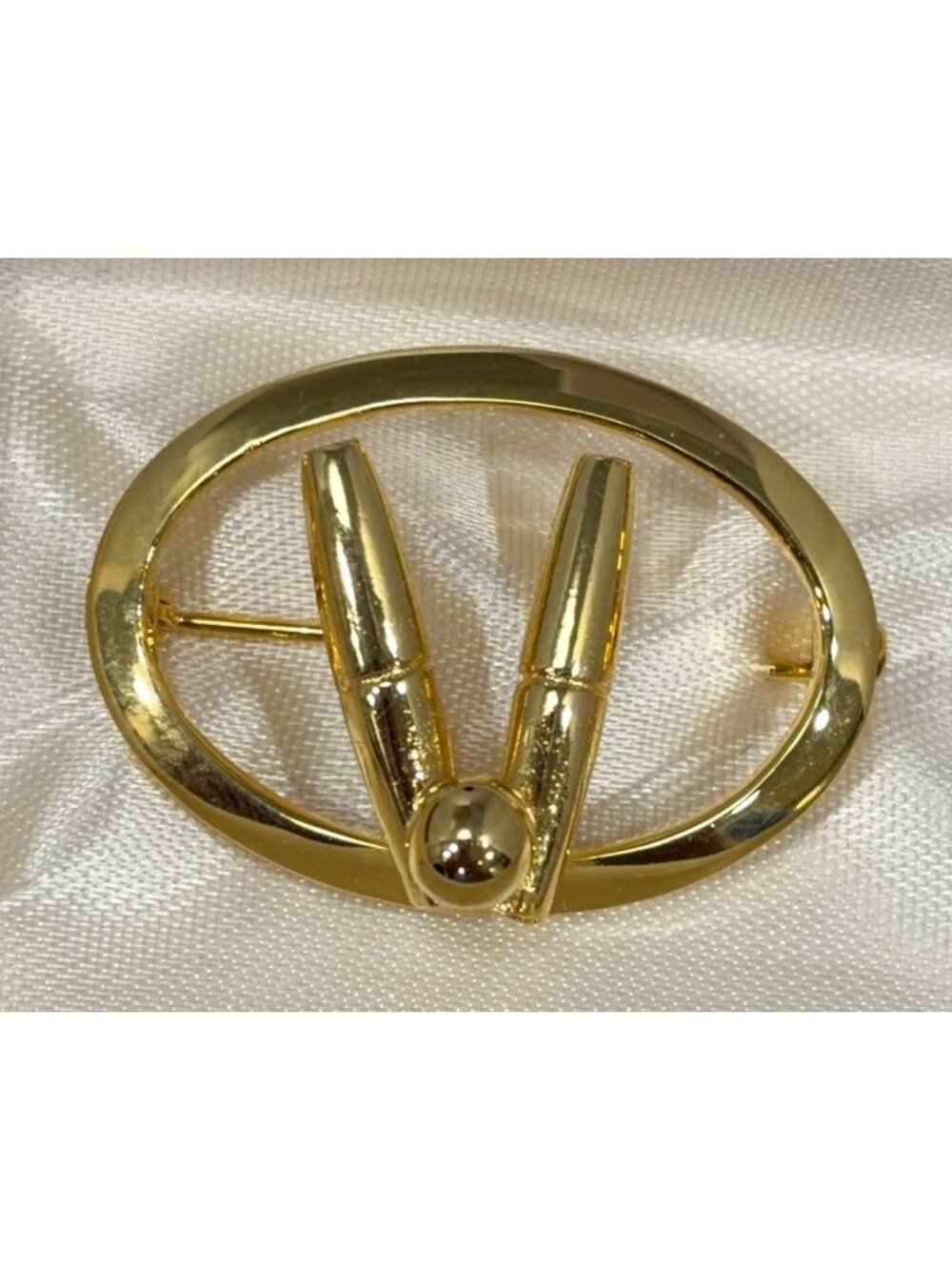 TS Gold Tone Bowling Pins Ball Oval Brooch Lapel Pin Trophy Shop NOS 5.20g